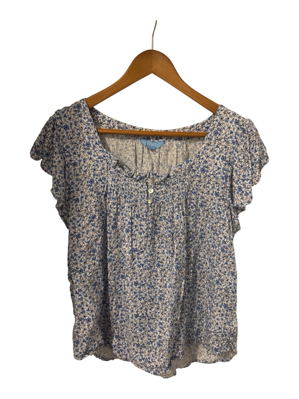 Women's Draper James RSVP Blue White Floral Blouse Flutter Sleeve Size L